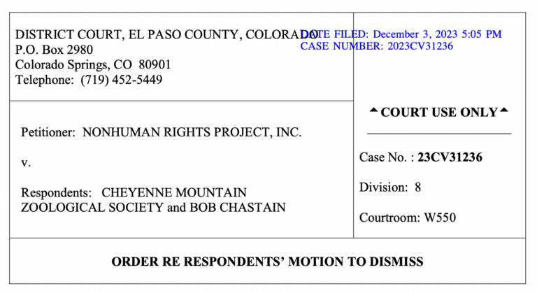 A screenshot of the cover page of District Court Judge Eric Bentley&#039;s decision in the NhRP&#039;s Colorado elephant rights case